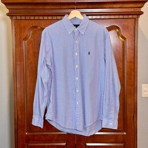 Ralph Lauren Men’s Blue White Striped Cotton Oxford Shirt Classic Fit L